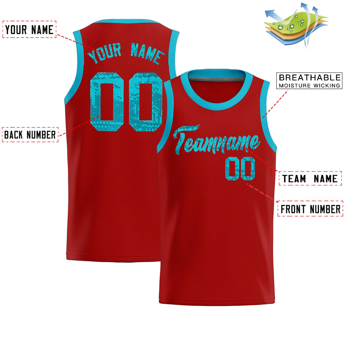 Custom Red Sequined Tops Athletic Basketball Jersey