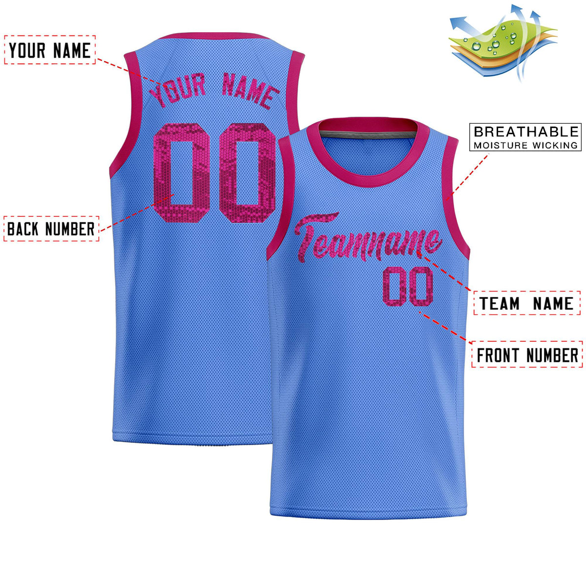 Custom Light Blue Sequined Tops Athletic Basketball Jersey