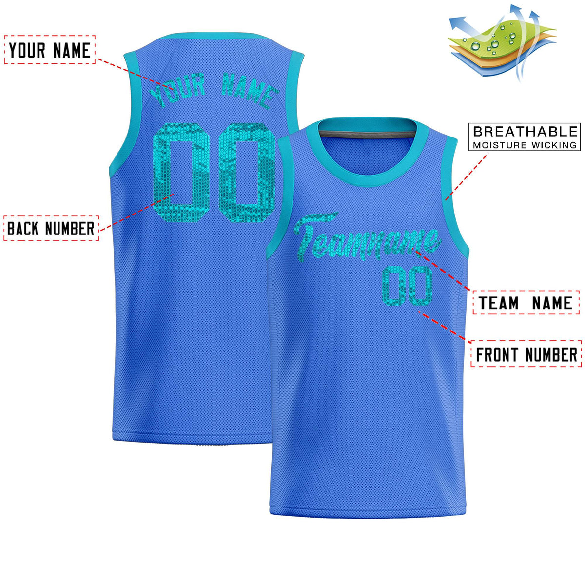 Custom Powder Blue Sequined Tops Athletic Basketball Jersey