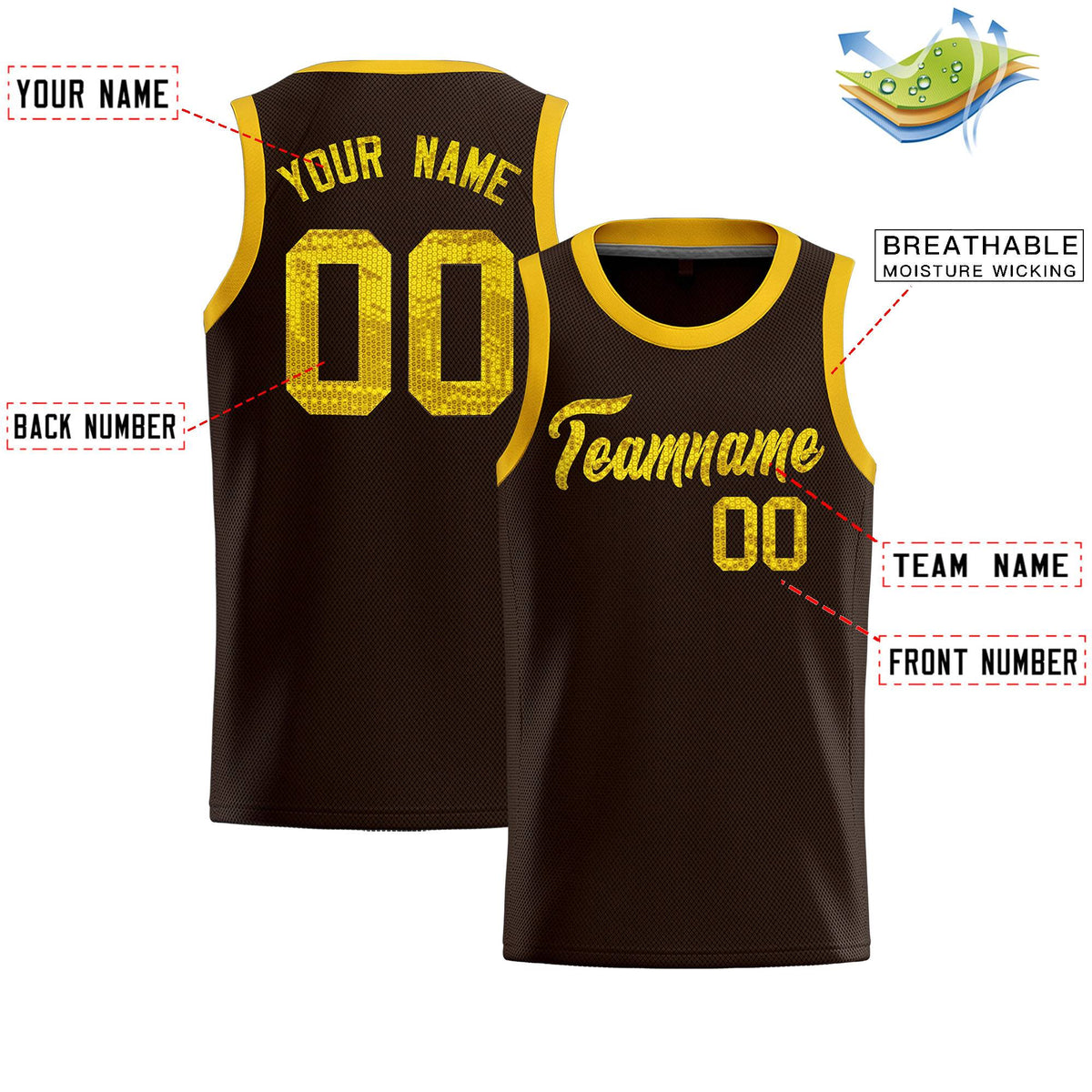 Custom Brown Sequined Tops Athletic Basketball Jersey