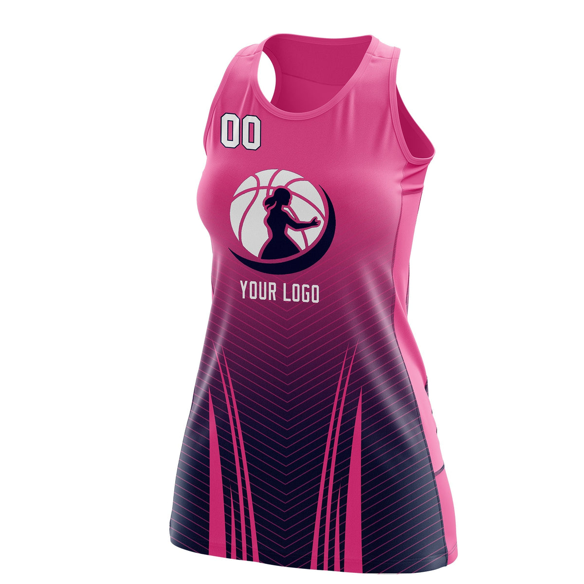 Custom Netball Dress | Rose Red Navy for Women with V-Shaped Pinstripes Personalized Uniform