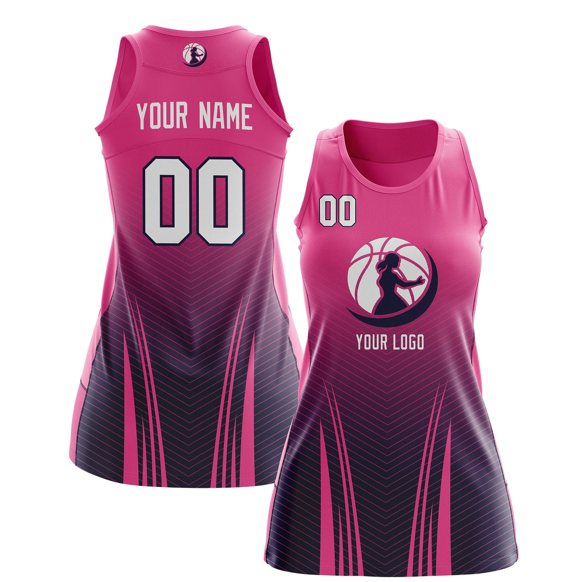 Custom Netball Dress | Rose Red Navy for Women with V-Shaped Pinstripes Personalized Uniform