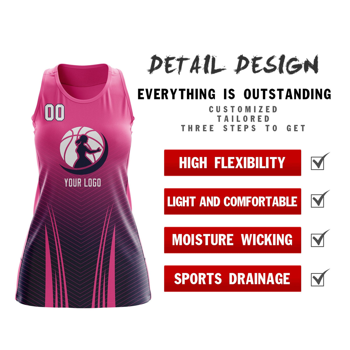 Custom Netball Dress | Rose Red Navy for Women with V-Shaped Pinstripes Personalized Uniform