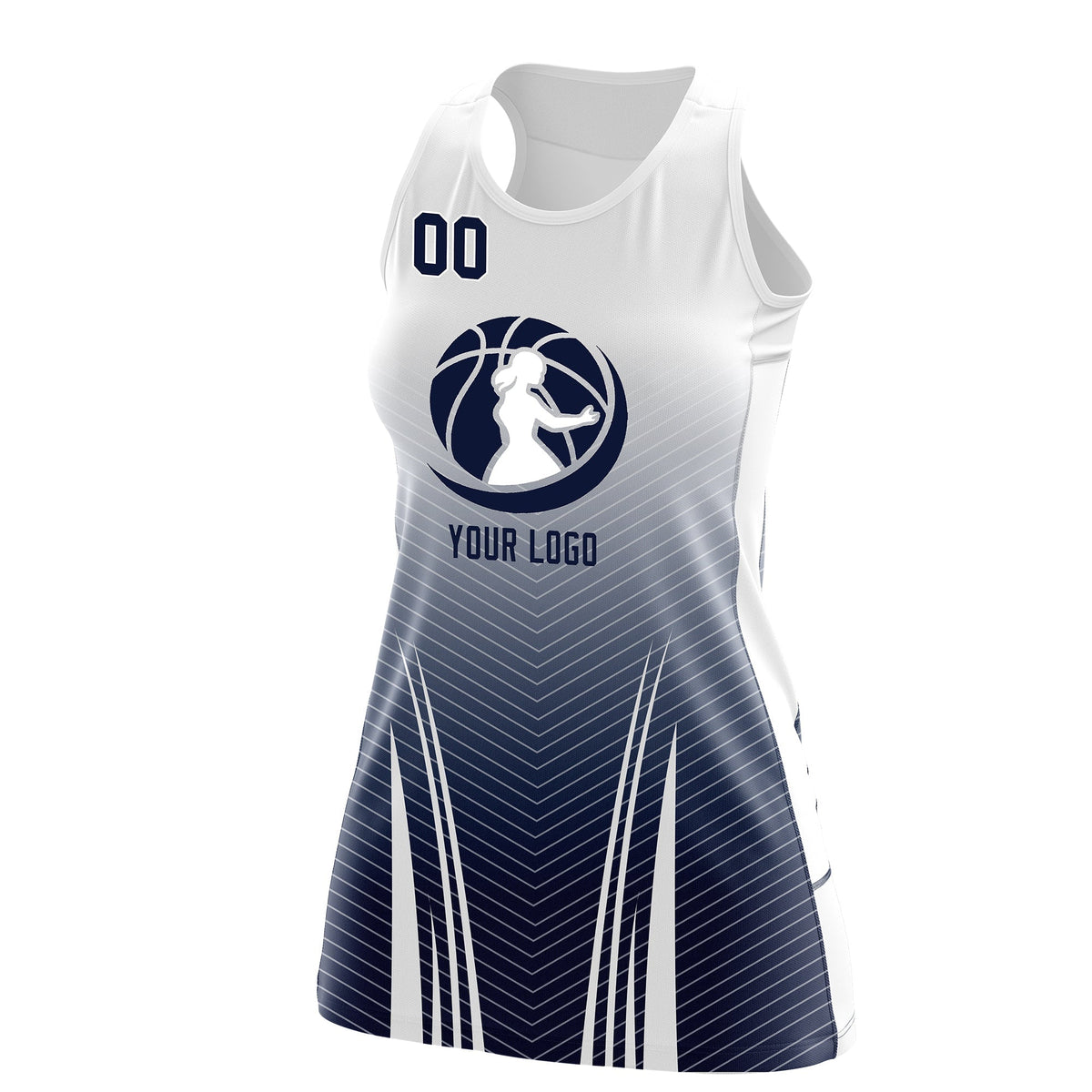 Custom Women Netball Dress | White Navy V-Shaped Pinstripes Gradient Team Uniform