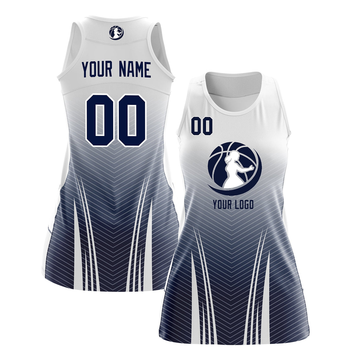 Custom Women Netball Dress | White Navy V-Shaped Pinstripes Gradient Team Uniform
