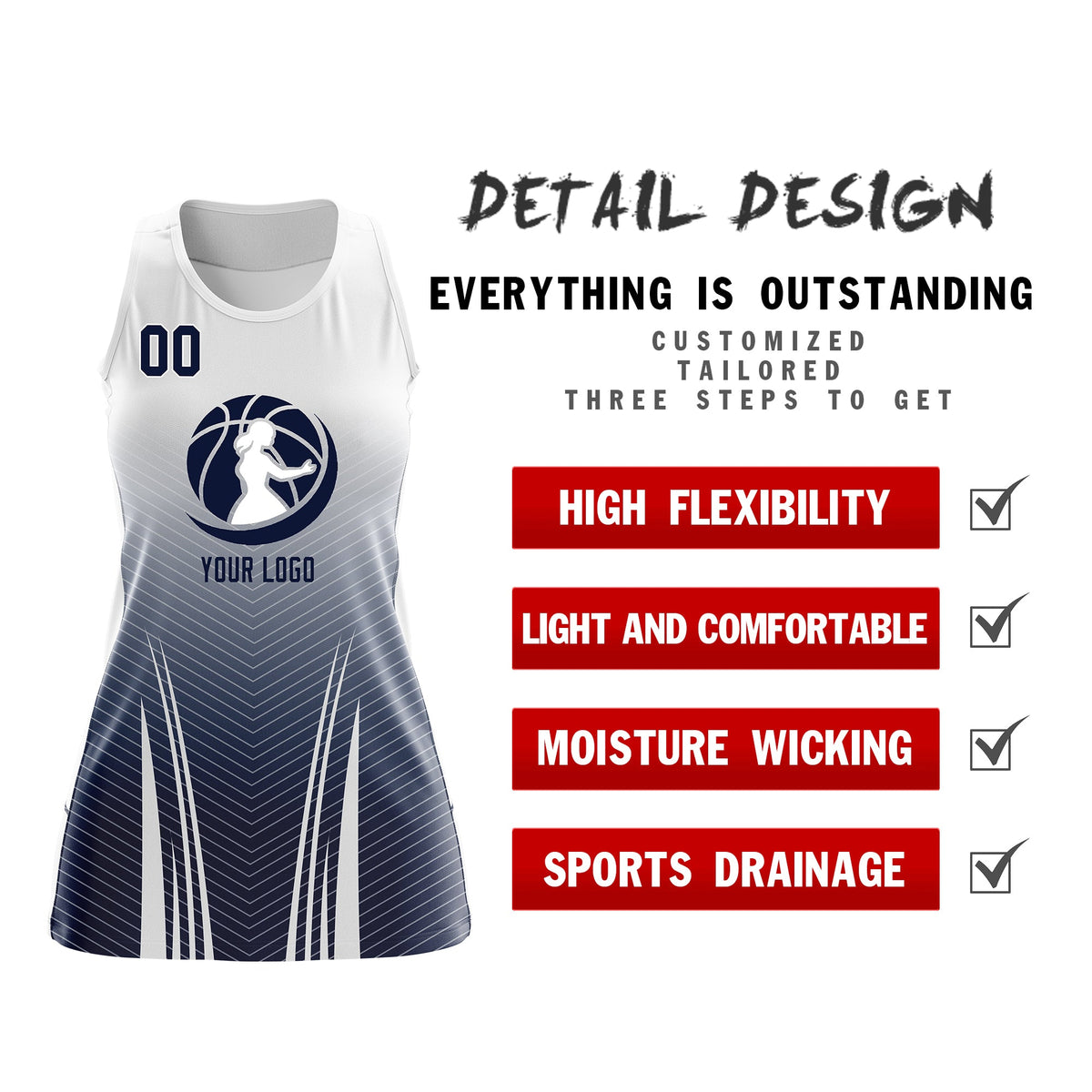 Custom Women Netball Dress | White Navy V-Shaped Pinstripes Gradient Team Uniform