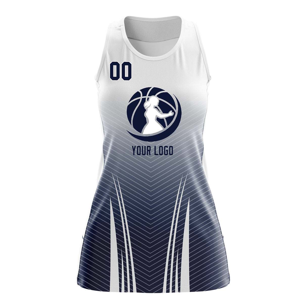 Custom Women Netball Dress | White Navy V-Shaped Pinstripes Gradient Team Uniform