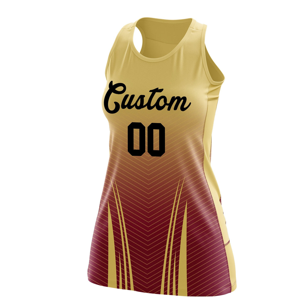 Custom Women Netball Dress | Khaki Crimson V-Shaped Pinstripes Uniform with Name &amp; Number
