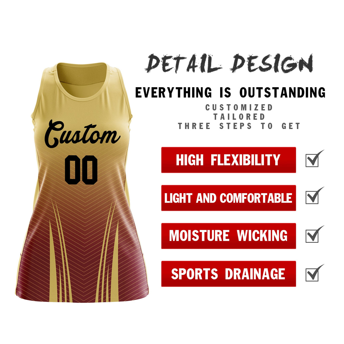 Custom Women Netball Dress | Khaki Crimson V-Shaped Pinstripes Uniform with Name &amp; Number