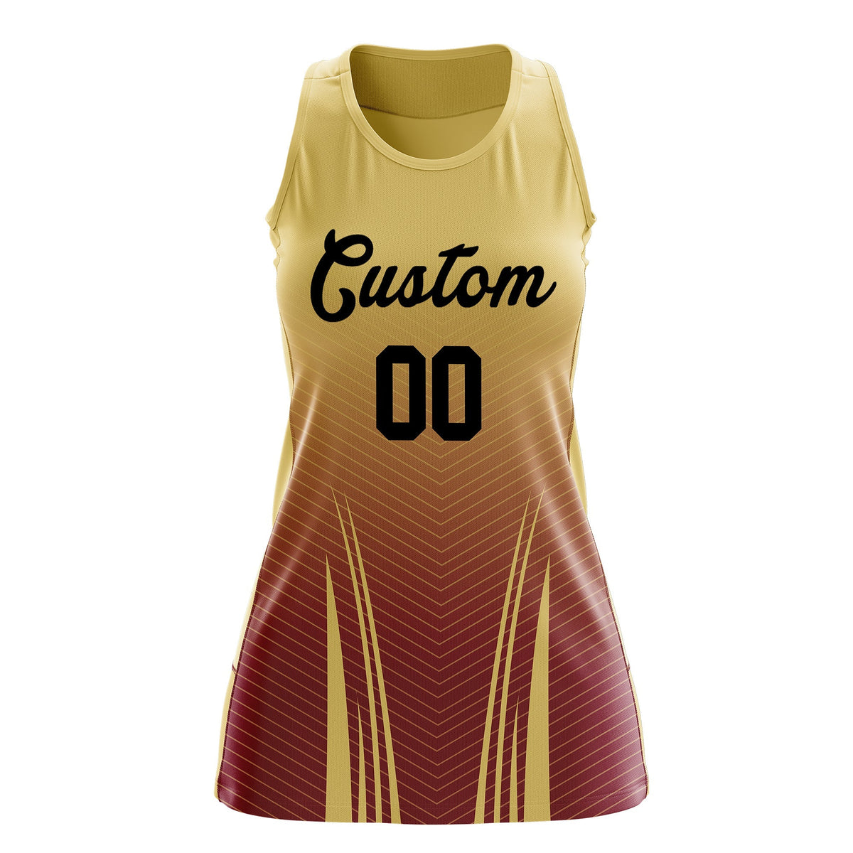 Custom Women Netball Dress | Khaki Crimson V-Shaped Pinstripes Uniform with Name &amp; Number
