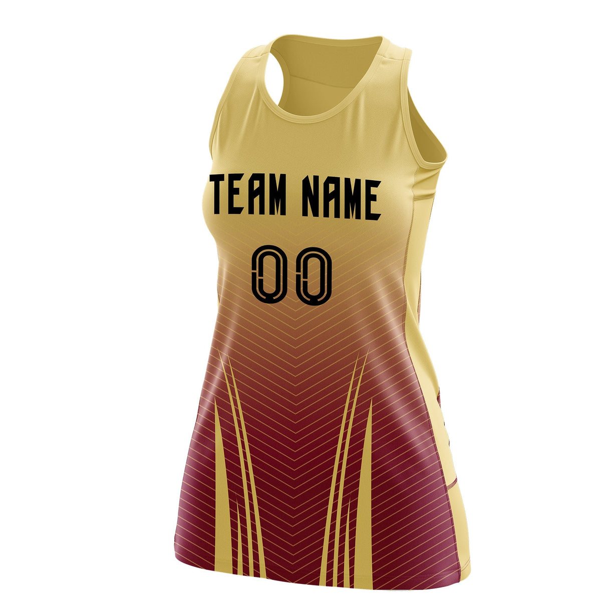 Custom Women Netball Dress | Khaki Crimson V-Shaped Pinstripes Uniform with Name &amp; Number