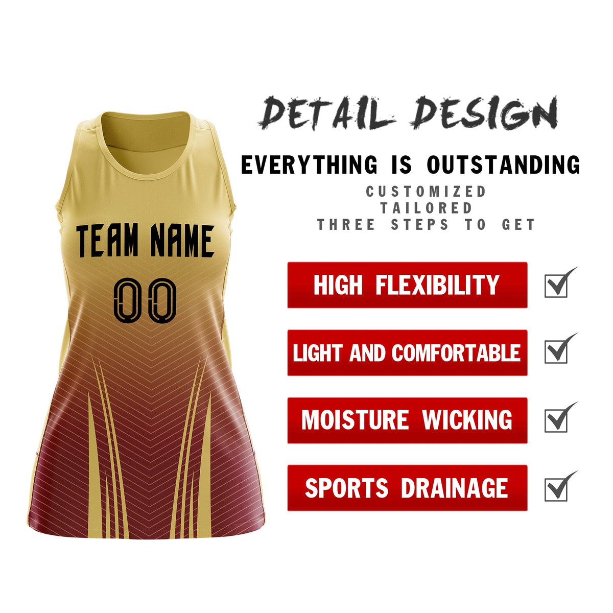 Custom Women Netball Dress | Khaki Crimson V-Shaped Pinstripes Uniform with Name &amp; Number