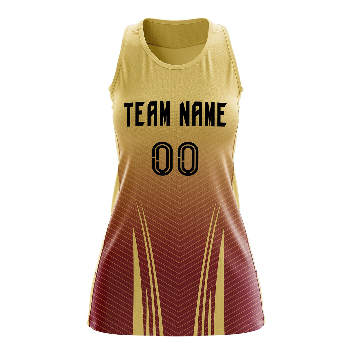 Custom Women Netball Dress | Khaki Crimson V-Shaped Pinstripes Uniform with Name &amp; Number