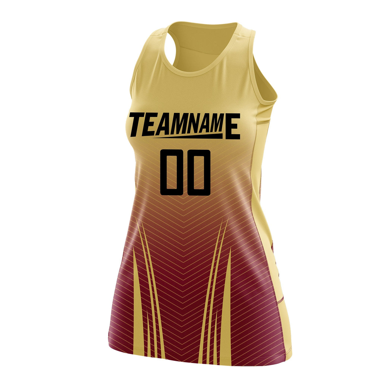 Custom Women Netball Dress | Khaki Crimson V-Shaped Pinstripes Uniform with Name &amp; Number