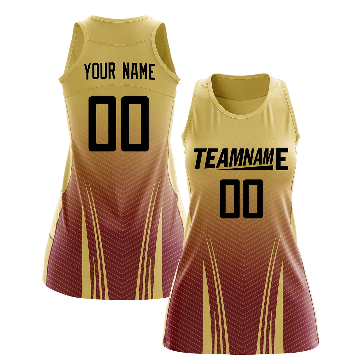 Custom Women Netball Dress | Khaki Crimson V-Shaped Pinstripes Uniform with Name &amp; Number