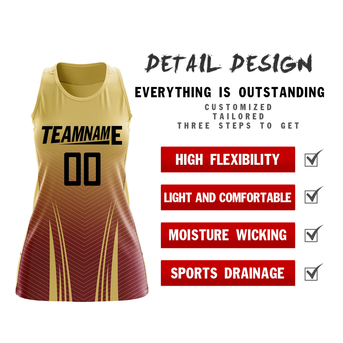 Custom Women Netball Dress | Khaki Crimson V-Shaped Pinstripes Uniform with Name &amp; Number