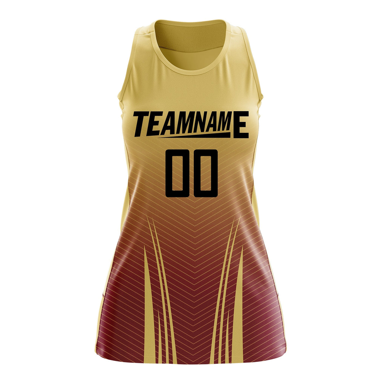 Custom Women Netball Dress | Khaki Crimson V-Shaped Pinstripes Uniform with Name &amp; Number
