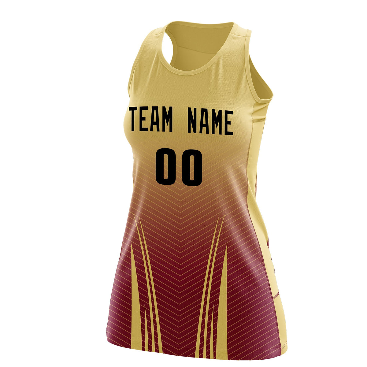 Custom Women Netball Dress | Khaki Crimson V-Shaped Pinstripes Uniform with Name &amp; Number