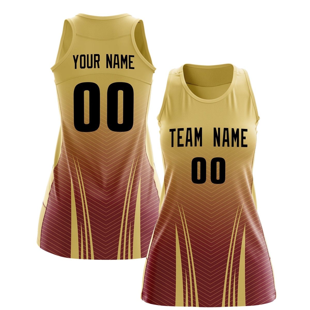 Custom Women Netball Dress | Khaki Crimson V-Shaped Pinstripes Uniform with Name &amp; Number