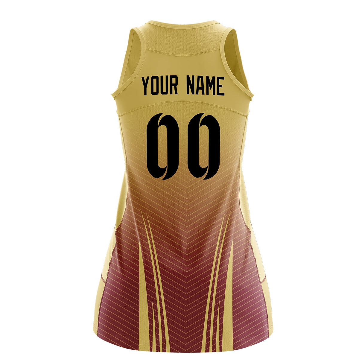 Custom Women Netball Dress | Khaki Crimson V-Shaped Pinstripes Uniform with Name &amp; Number
