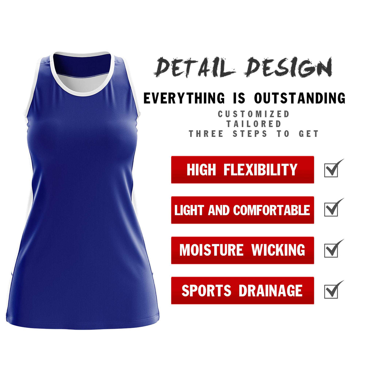 Custom Royal Blue White Color Block Two Tone Tennis Dresses