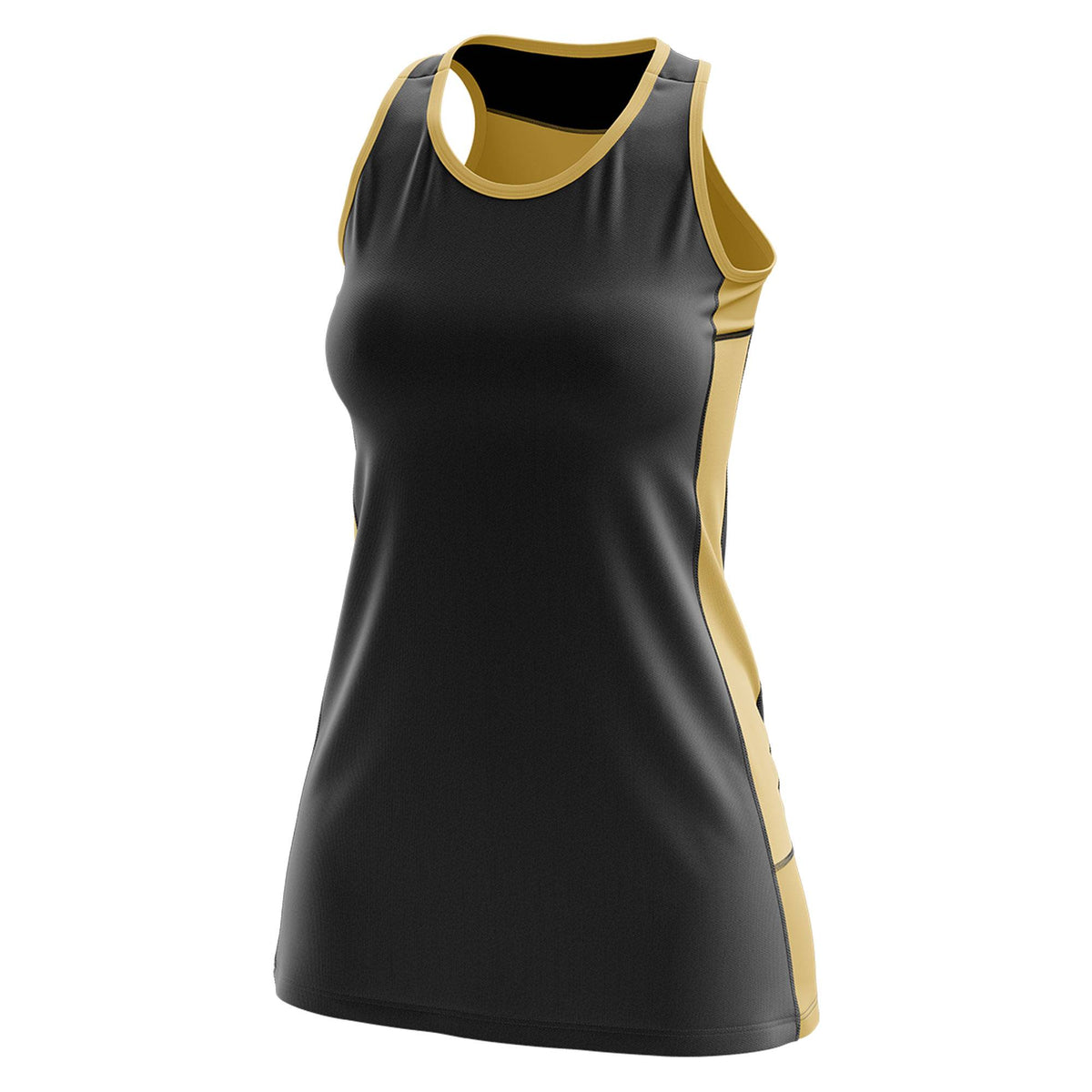 Custom Black Old Gold Color Block Two Tone Tennis Dresses