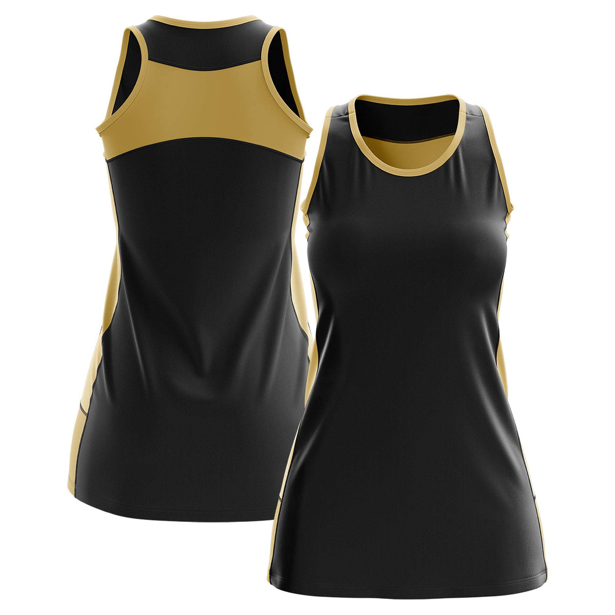 Custom Black Old Gold Color Block Two Tone Tennis Dresses