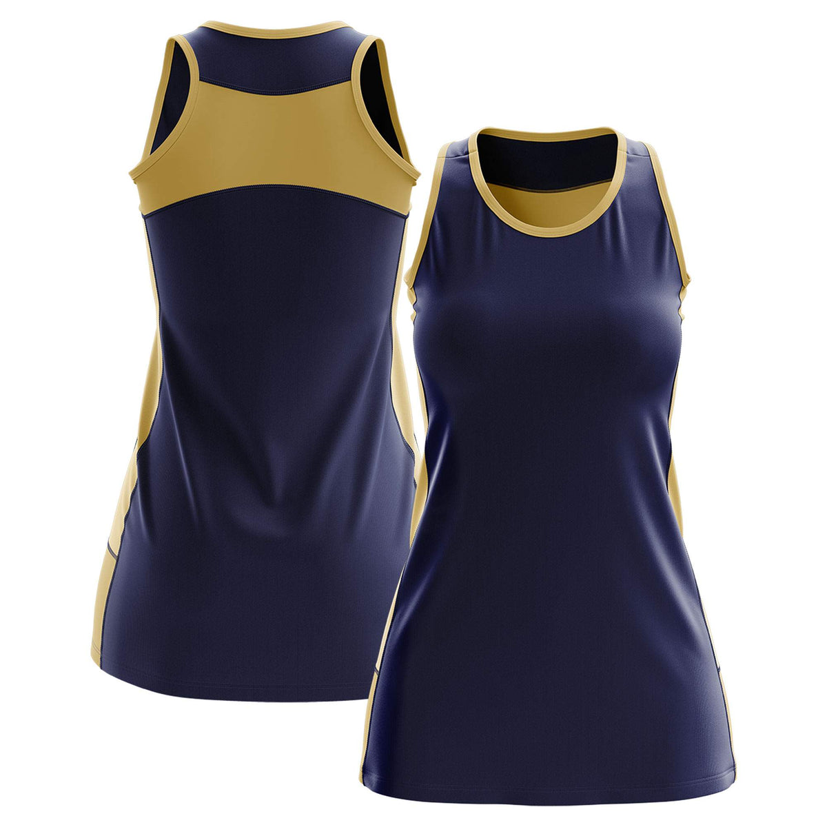 Custom Navy Old Gold Color Block Two Tone Tennis Dresses