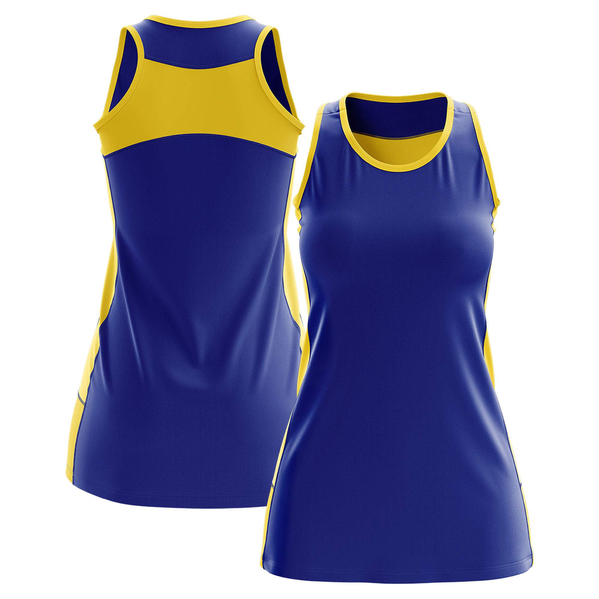 Custom Royal Blue Gold Color Block Two Tone Tennis Dresses