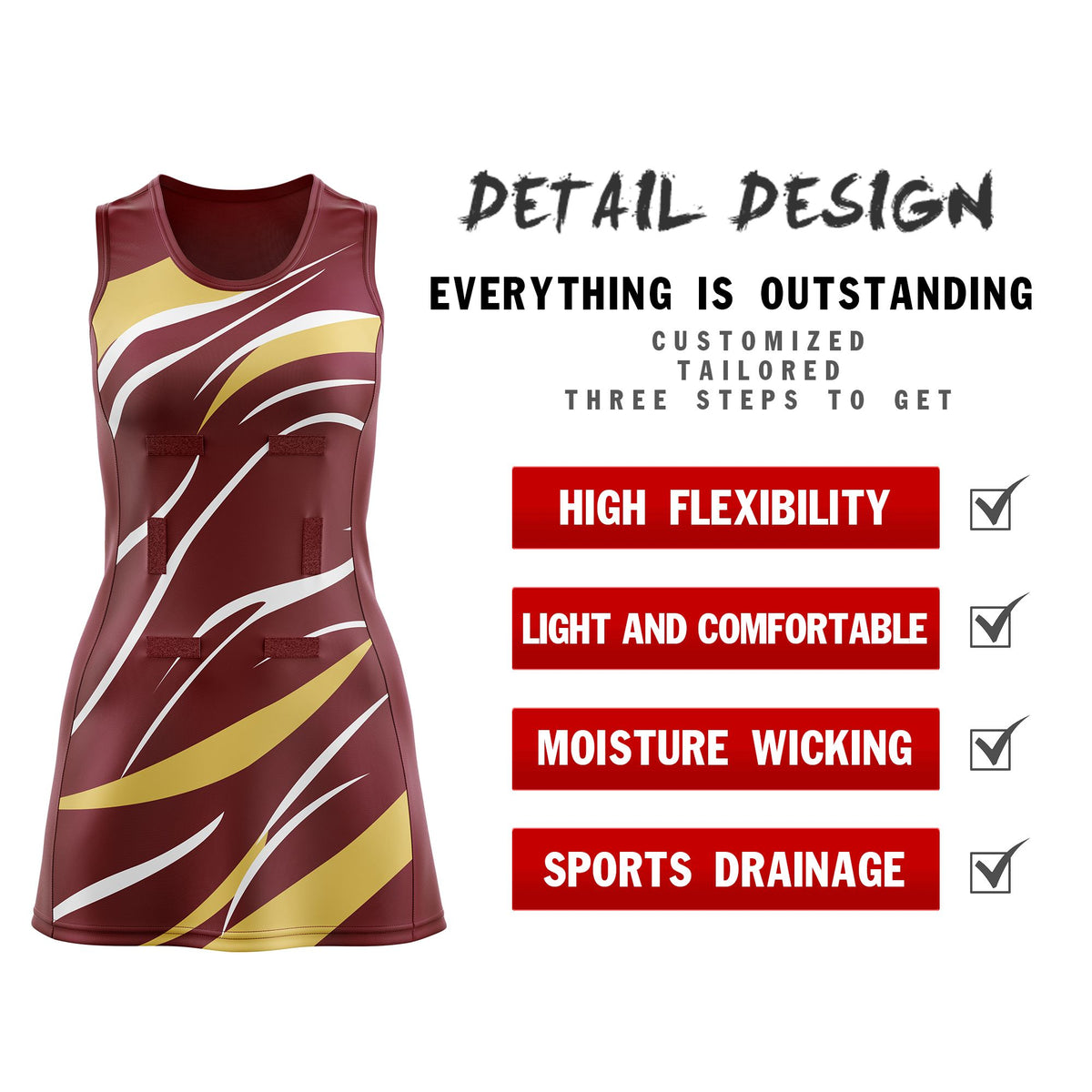 Custom Burgundy Khaki Dynamic Stripes Wrinkle-Resistant Netball Dress