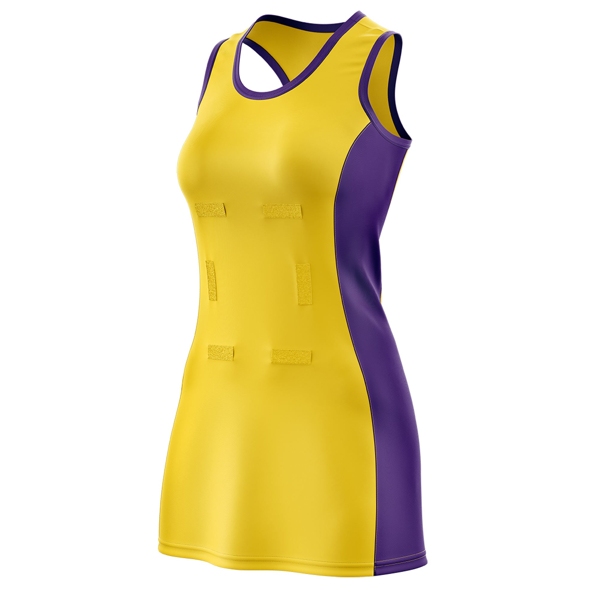 Custom Gold Purple Color Block Two Tone Netball Dresses