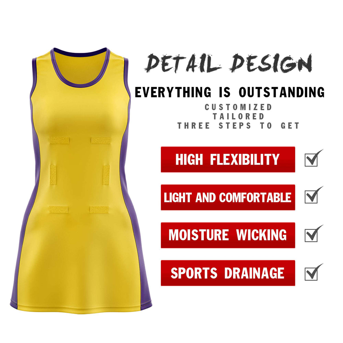 Custom Gold Purple Color Block Two Tone Netball Dresses