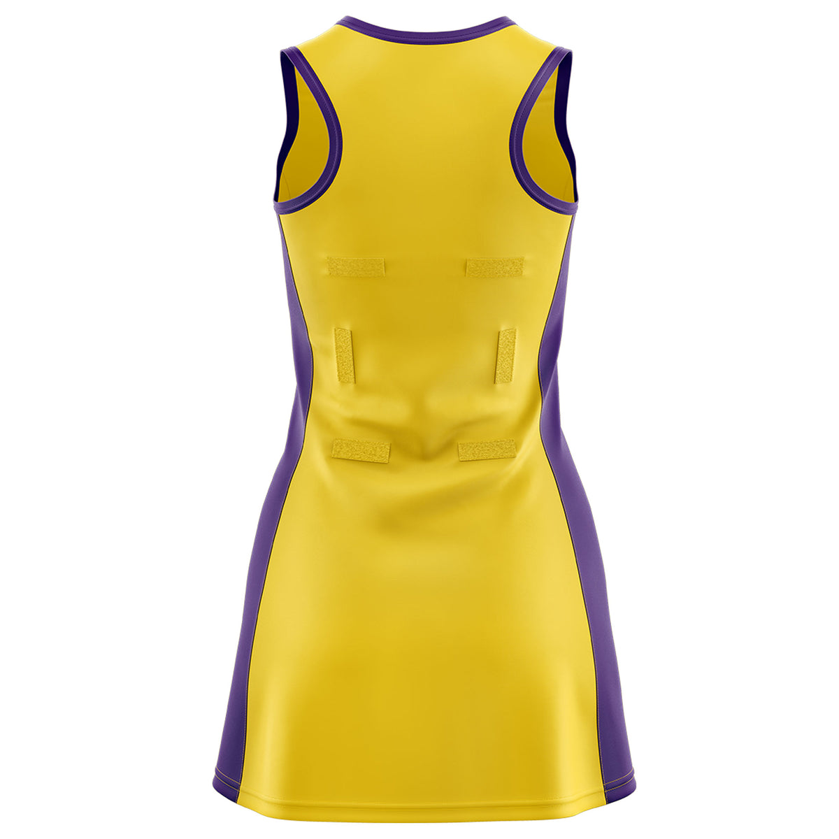 Custom Gold Purple Color Block Two Tone Netball Dresses