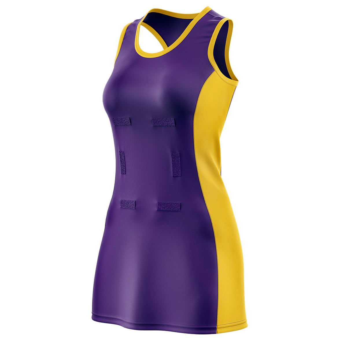 Custom Purple Gold Color Block Two Tone Netball Dresses