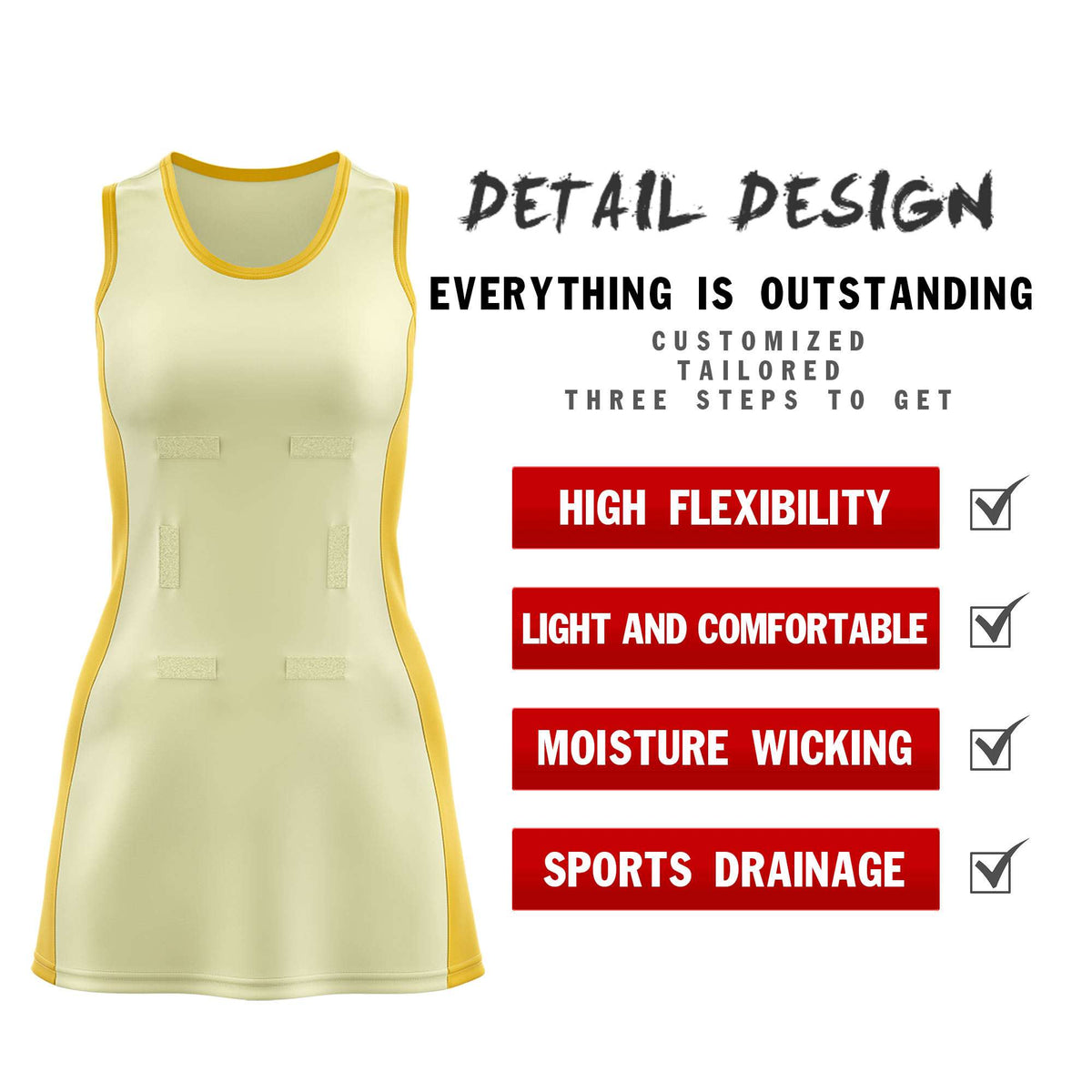 Custom Cream Gold Color Block Two Tone Netball Dresses