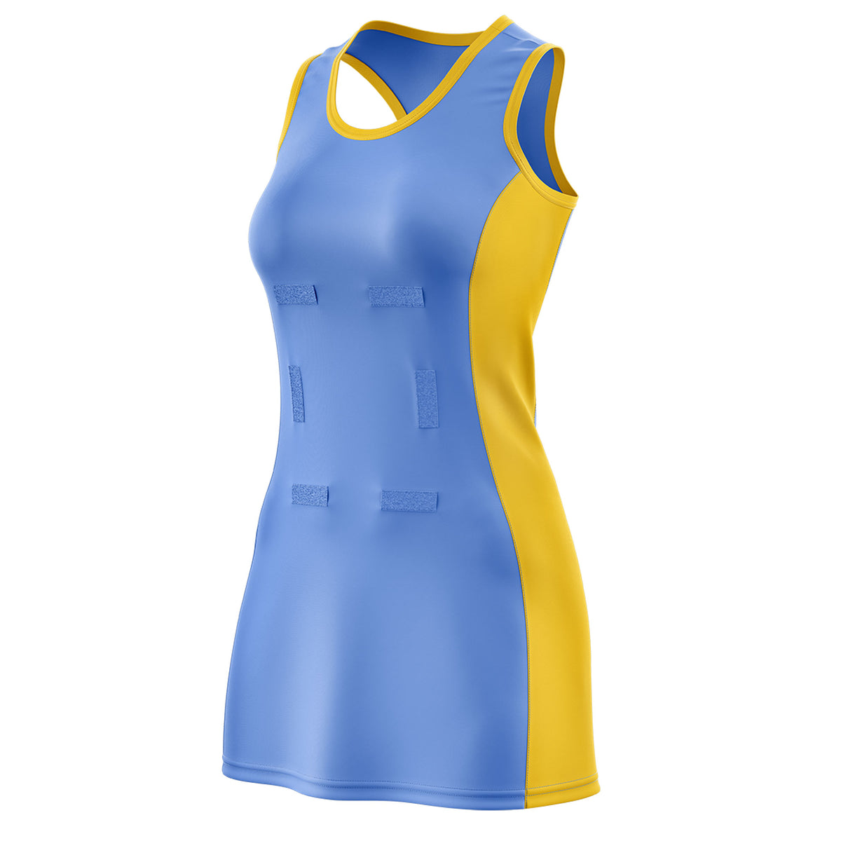 Custom Powder Blue Gold Color Block Two Tone Netball Dresses