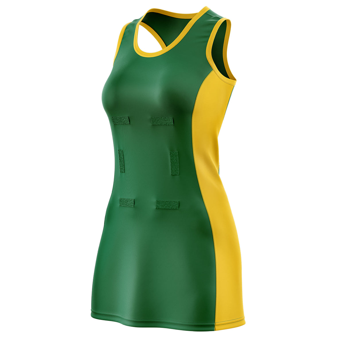 Custom Kelly Green Gold Color Block Two Tone Netball Dresses