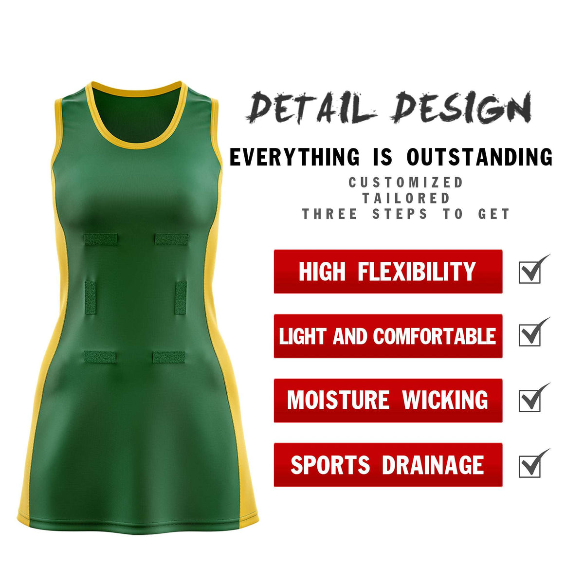 Custom Kelly Green Gold Color Block Two Tone Netball Dresses