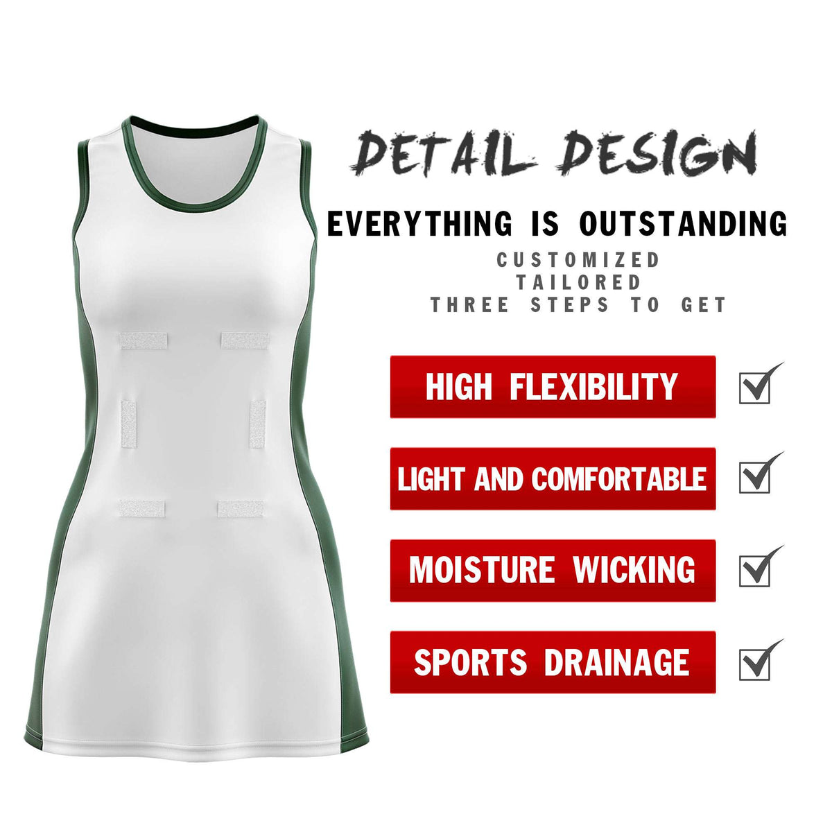 Custom White Hunter Green Color Block Two Tone Netball Dresses