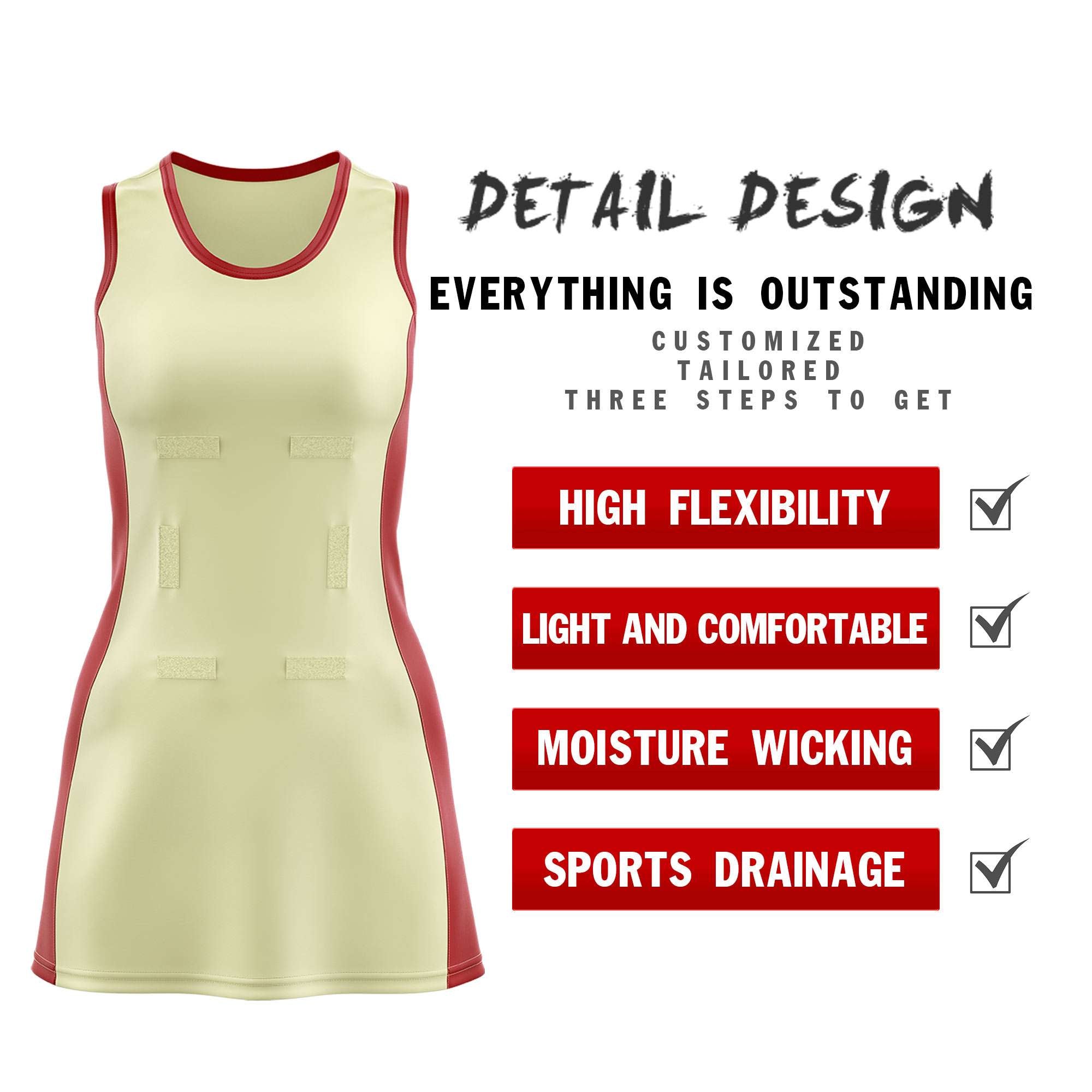 Custom Cream Red Color Block Two Tone Netball Dresses