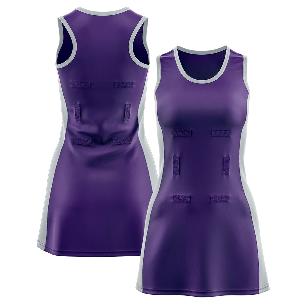 Custom Purple Silver Color Block Two Tone Netball Dresses