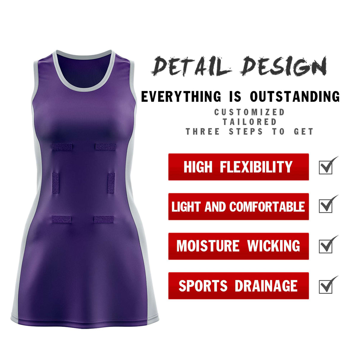 Custom Purple Silver Color Block Two Tone Netball Dresses