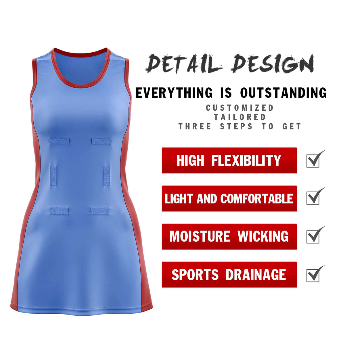 Custom Powder Blue Red Color Block Two Tone Netball Dresses