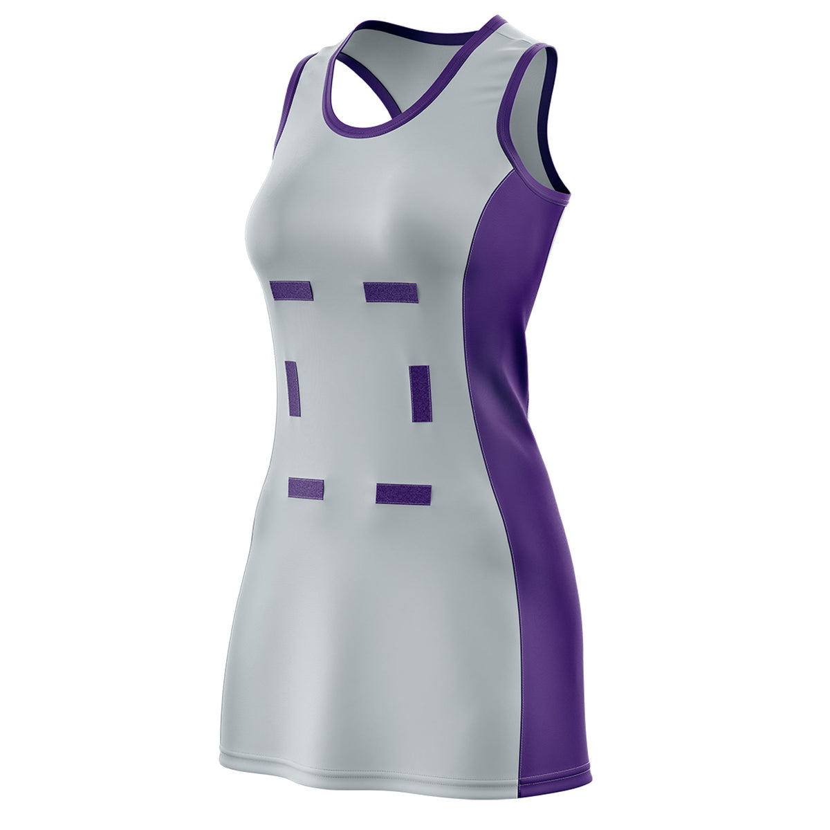 Custom Silver Purple Color Block Two Tone Netball Dresses