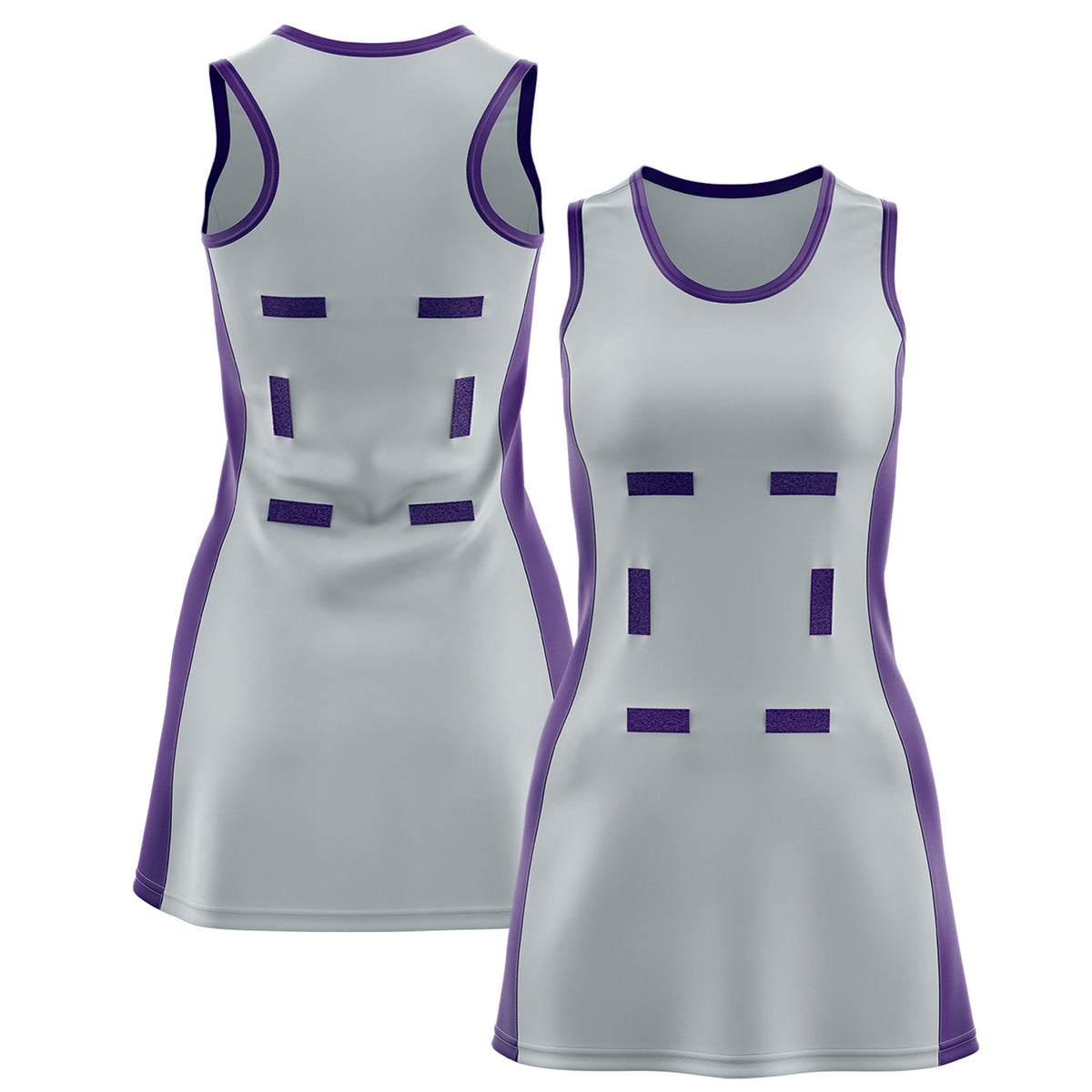 Custom Silver Purple Color Block Two Tone Netball Dresses
