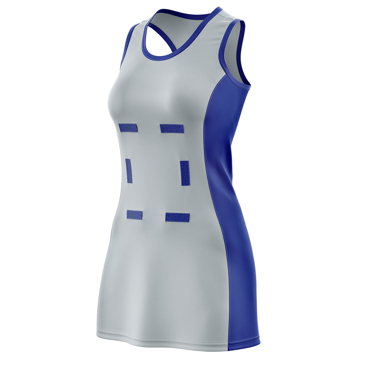 Custom Silver Royal Blue Color Block Two Tone Netball Dresses
