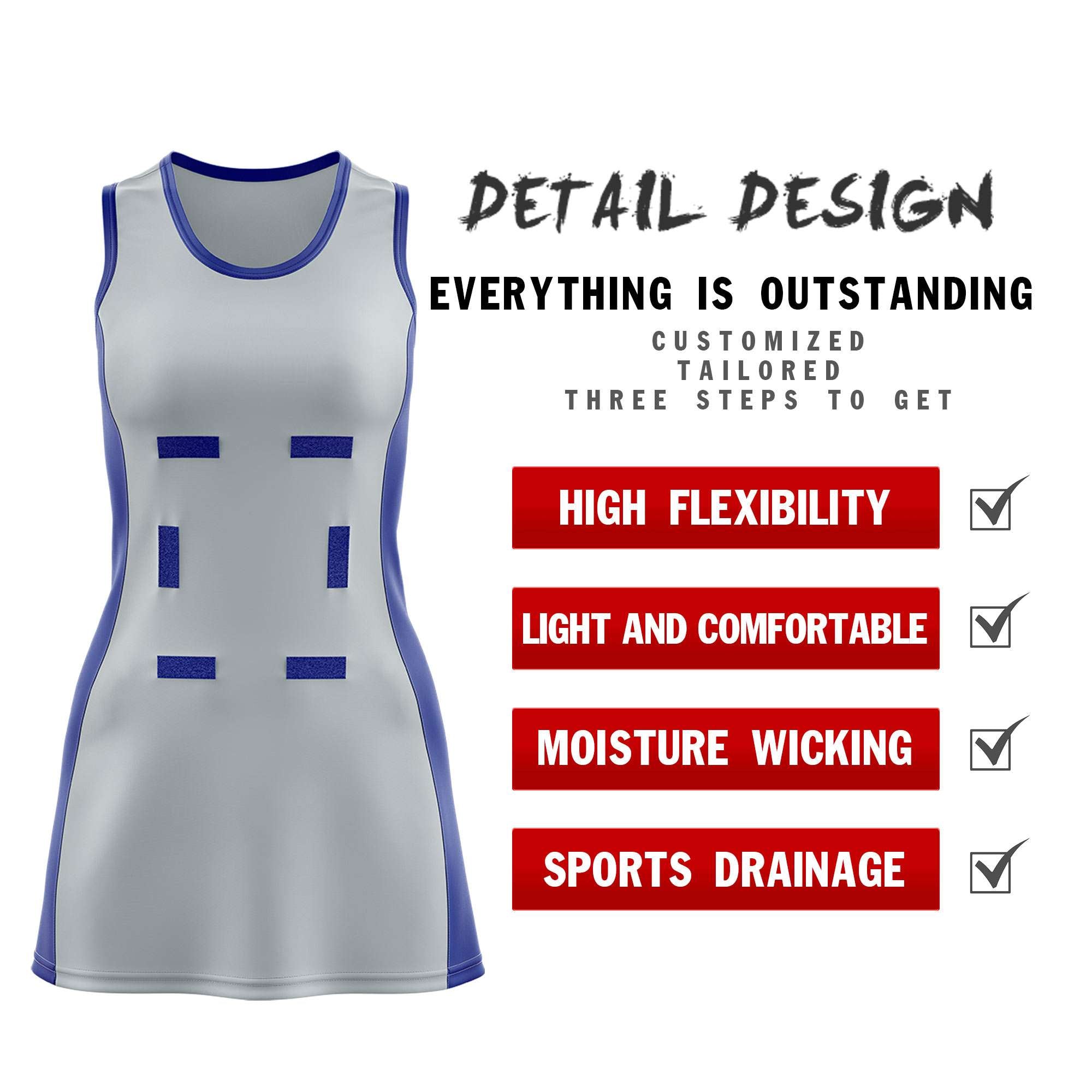 Custom Silver Royal Blue Color Block Two Tone Netball Dresses