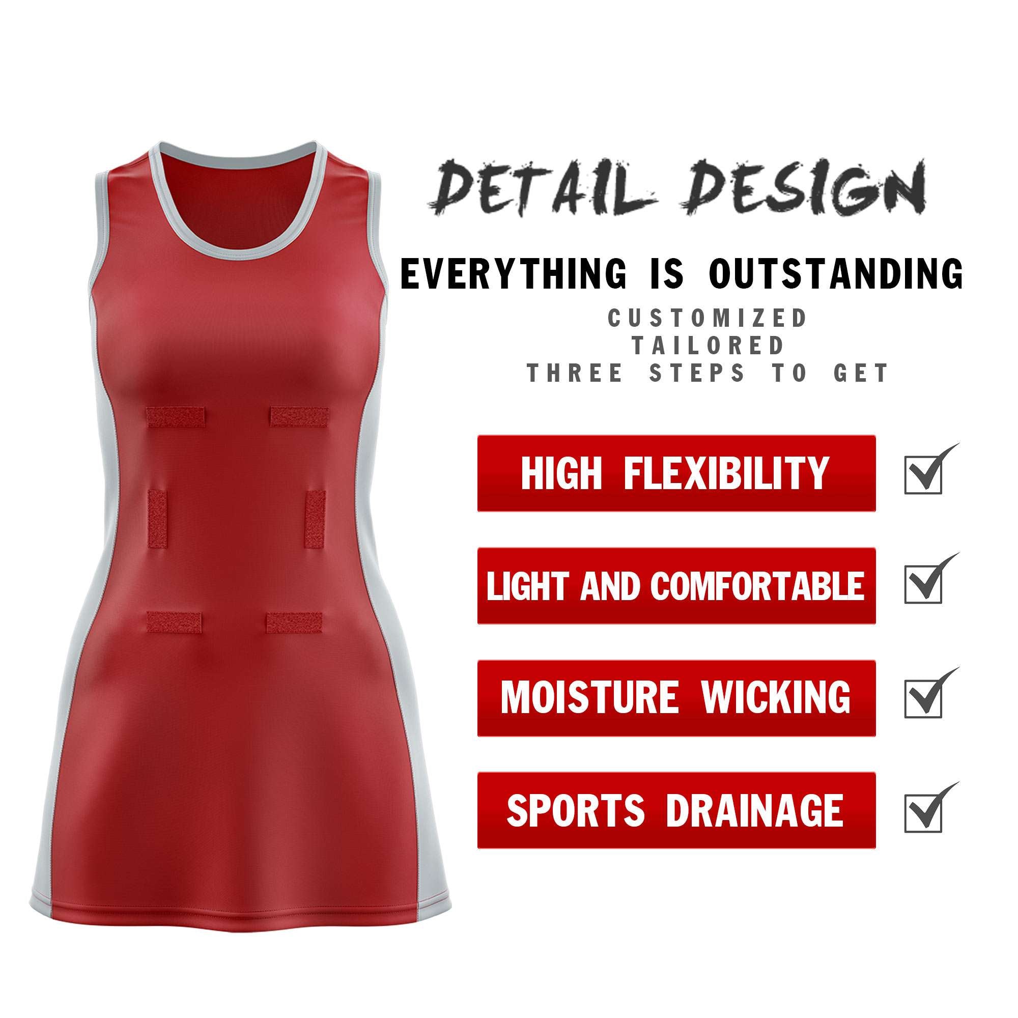 Custom Red Silver Color Block Two Tone Netball Dresses
