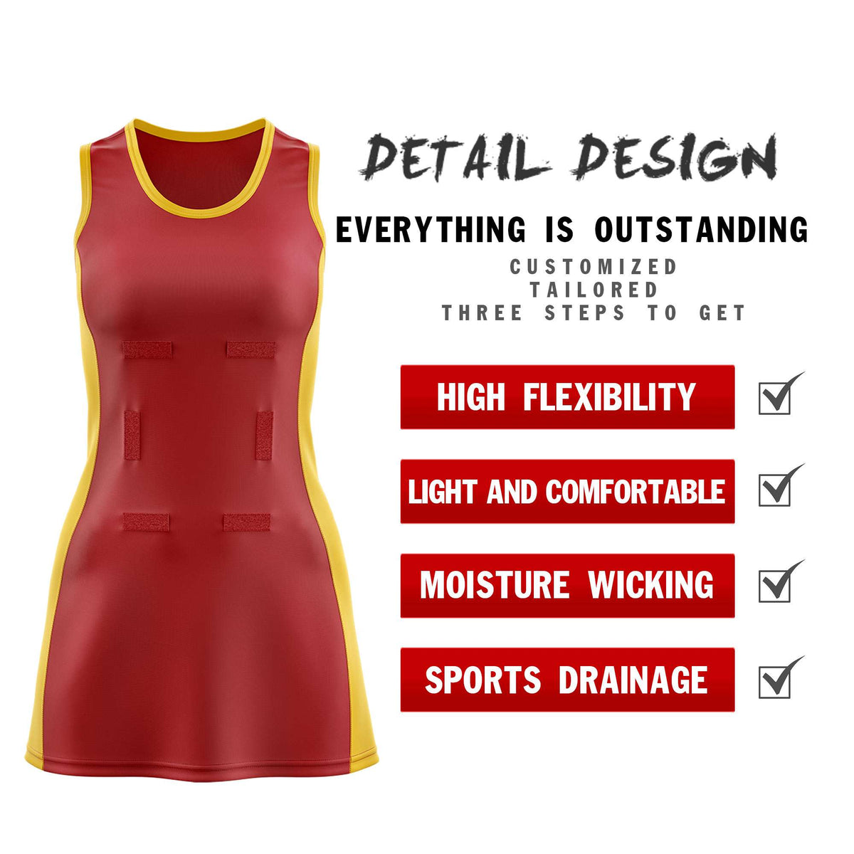 Custom Red Gold Color Block Two Tone Netball Dresses