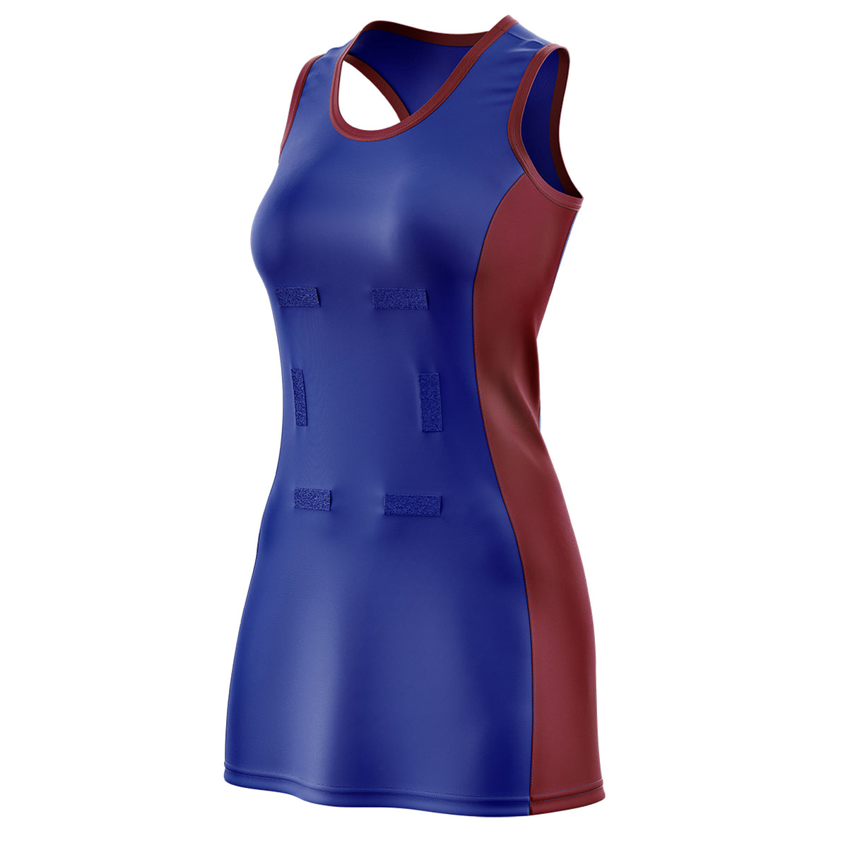 Custom Royal Blue Maroon Color Block Two Tone Netball Dresses